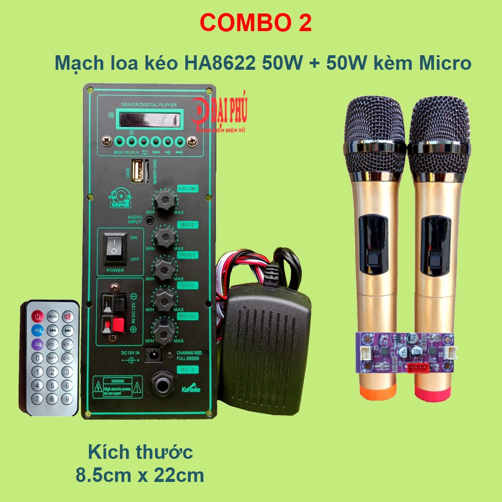 [Mã 155ELSALE giảm 7% đơn 300K] Mạch loa kéo HA8622 2 kênh kèm mic kèm micro