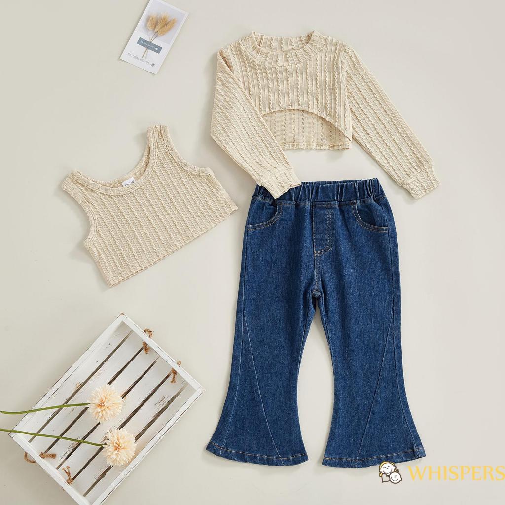 Set Áo Thun Dài Tay Trơn Màu + Quần Denim Ống Loe Thời Trang Dành Cho Bé Gái