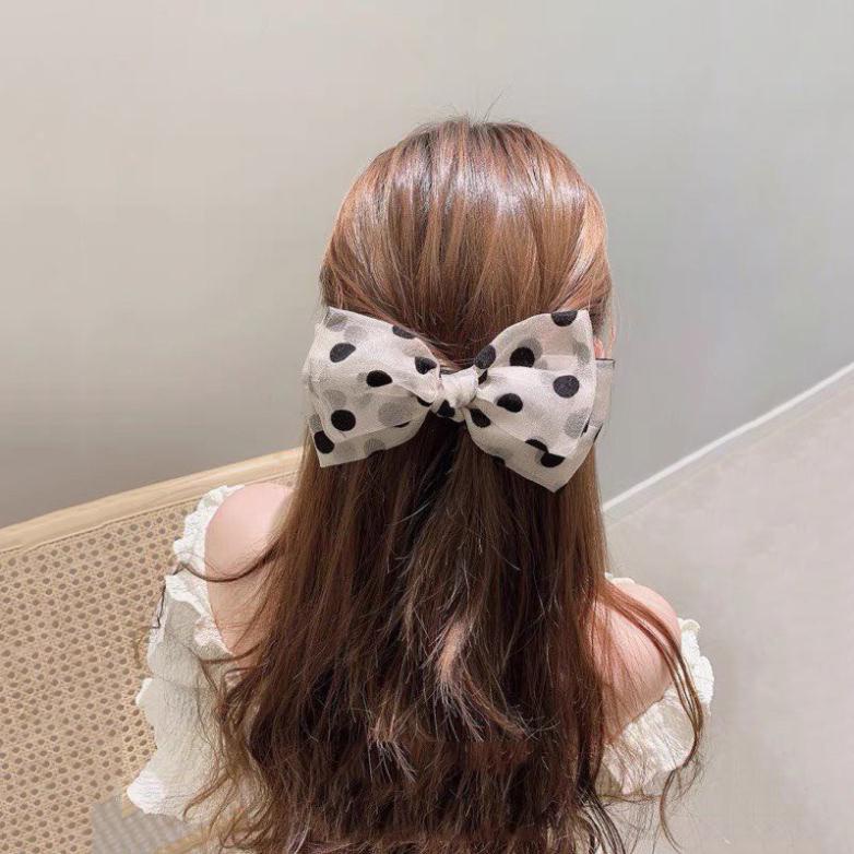 [Sỉ lẻ] Kẹp Tóc Hình Nơ bản to Họa Tiết Chấm Bi vải voan phong cách Hàn Quốc xinh xắn đáng yêu cho nữ - Noisocks