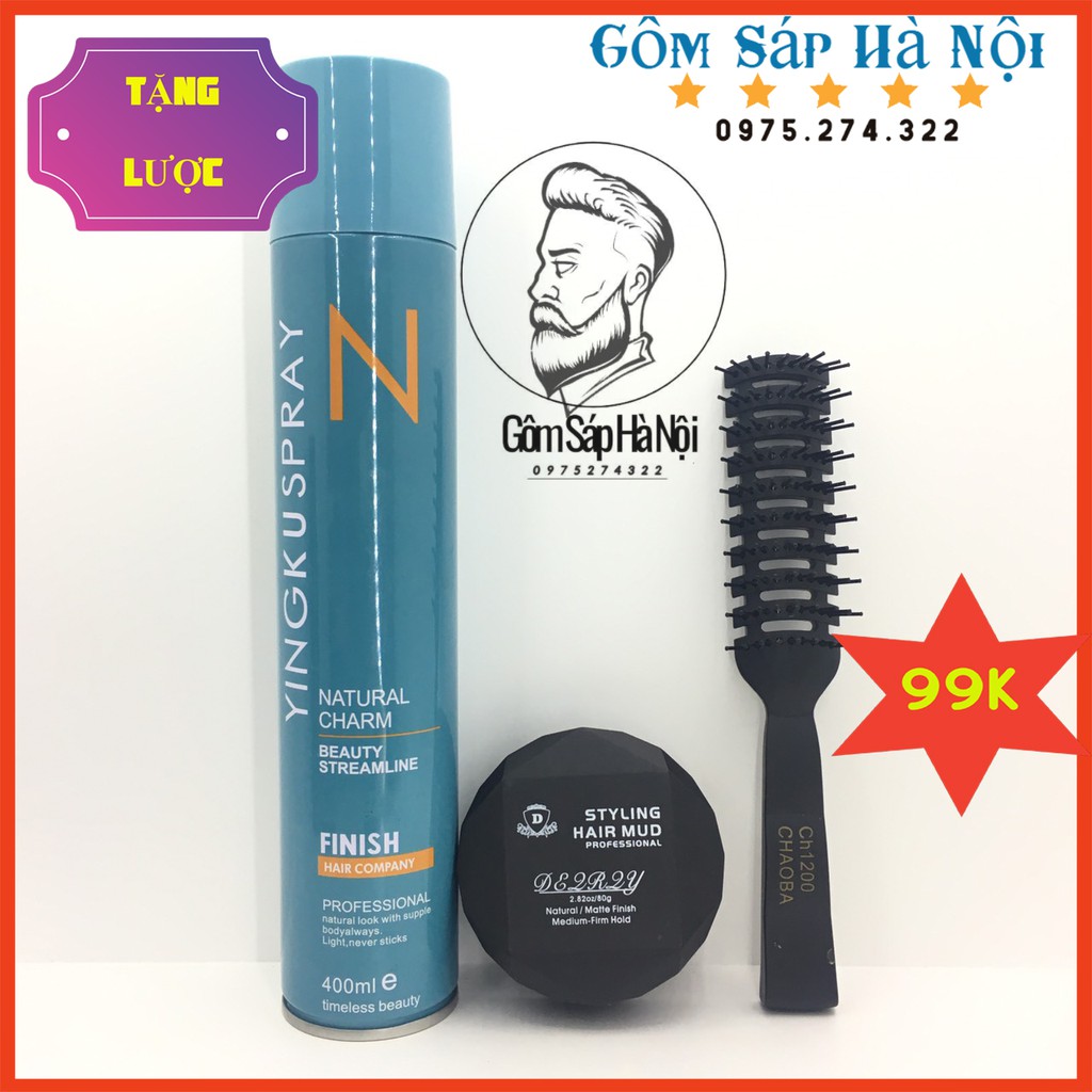 Gôm xịt tóc YINGKUSPRAY &amp; SÁp vuốt tóc D STYLING HAIR MUD siêu giữ nếp