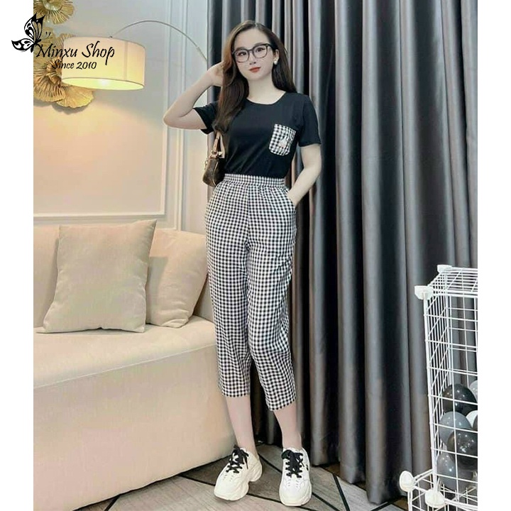 Bộ ngủ nữ áo ngắn tay quần dài kẻ caro hình thỏ Minxu shop SE06