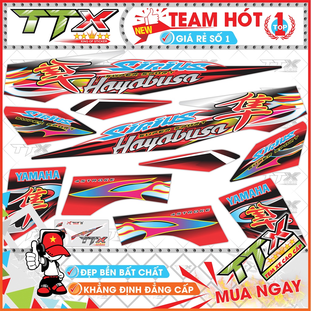 Tem rời sirius hayabusa , Team chế sirius dán xe màu trắng viền đỏ tuyệt đẹp , Shop TTX Tem xe sirius mã