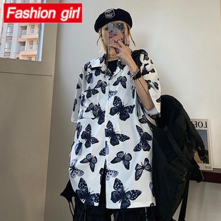 Áo Sơ Mi Tay Lửng Dáng Rộng In Họa Tiết Bướm Màu Tối Phong Cách Harajuku Hàn Quốc