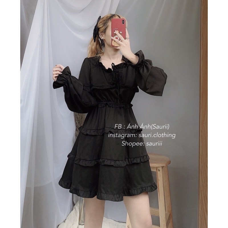 SẴNĐầm xoè tay dài Đầm ulzzang babydoll ba tầng bèo xinh xắn tiểu thư dạo phố