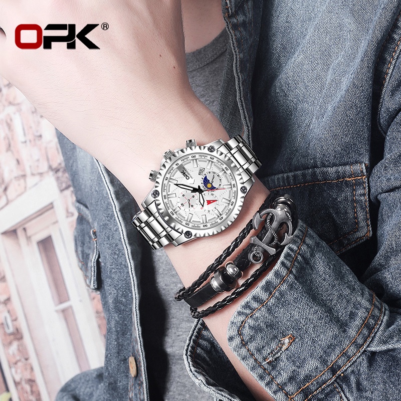 OPK 8129 Watch Men's Genuine Waterproof and Wear-resistant Steel Belt Original Quartz Luminous Calendar Creative Dial Precision Trend