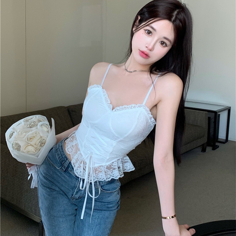 Áo Hai Dây Cổ Chữ V Phối Ren Quyến Rũ Thời Trang Cho Nữ