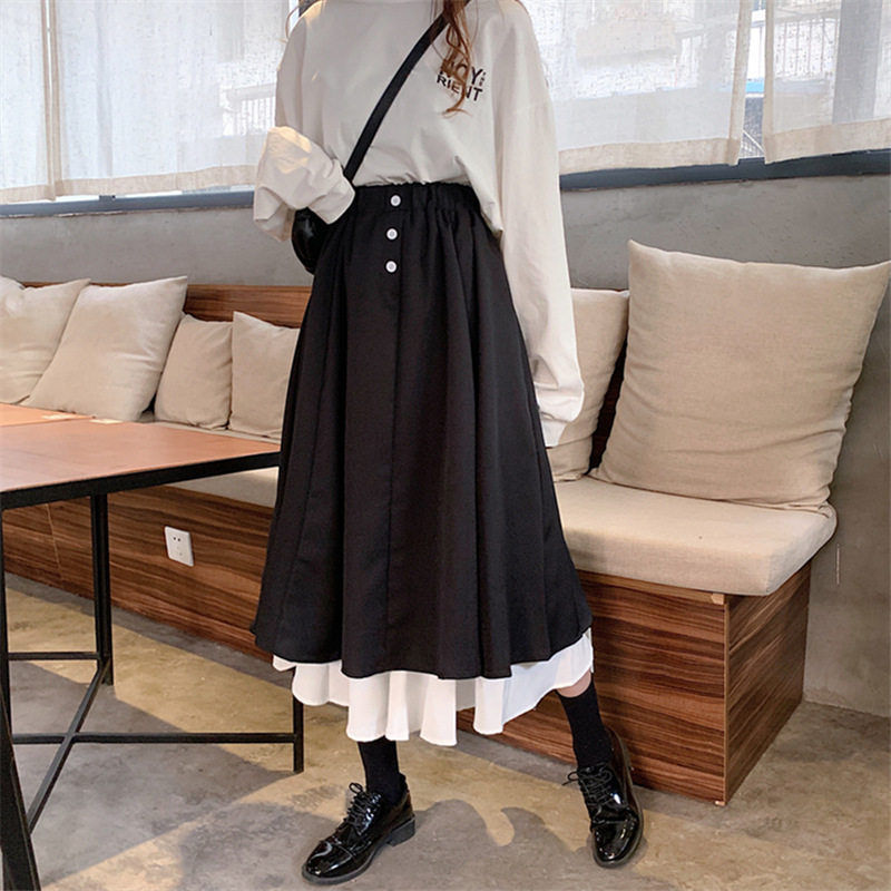 Chân váy dài lưng cao màu tối phong cách retro Hàn Quốc cho nữ Hormones