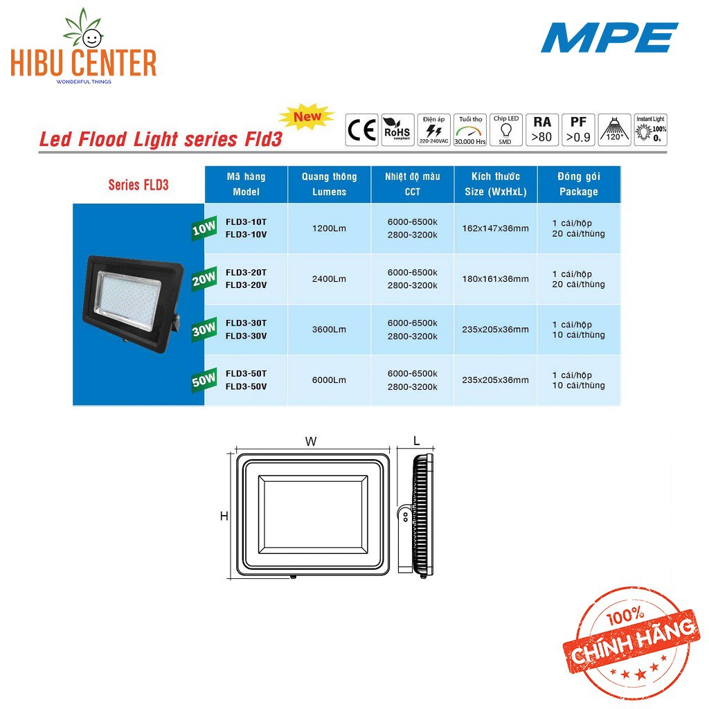 Đèn LED Flood Light MPE series FLD3 10W/ 20W/ 30W/ 50W Ánh sáng Trắng, Vàng – DIALux Công Nghệ Đức – Hàng Chính Hãng
