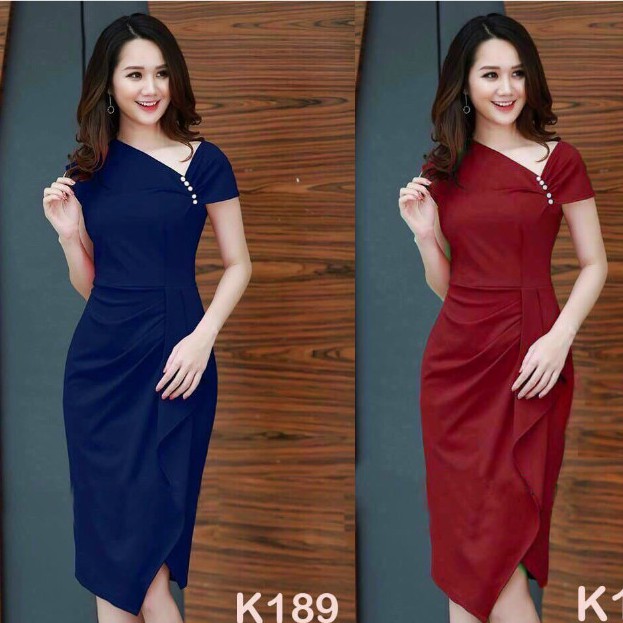 đầm dự tiệc/công sở body ôm cổ v đắp chéo phối nút xẻ tà dáng ngọc trinh