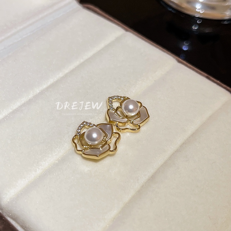 DREJEW Khuyên tai mạ vàng bạc kiểu hoa đính đá ngọc trai đơn giản phong cách Hàn Quốc