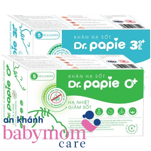 Khăn Lau Hạ Sốt Dr Papie Cho Bé, Hạ Nhiệt Giảm Sốt Ngắn Ngừa Co Giật (Hộp 25 miếng)