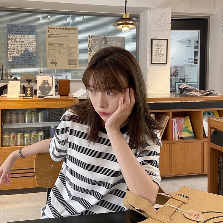 SUXI Áo Thun Ngắn Tay Cổ Tròn Họa Tiết Sọc Thêu Thời Trang Cho Nữ