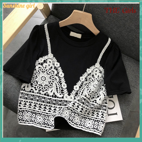 Áo Thun Nữ Ngắn Tay Cổ Tròn Phối Ren Thời Trang Hàn 2021croptop nữ