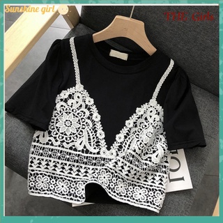 Áo Thun Nữ Ngắn Tay Cổ Tròn Phối Ren Thời Trang Hàn 2021croptop nữ