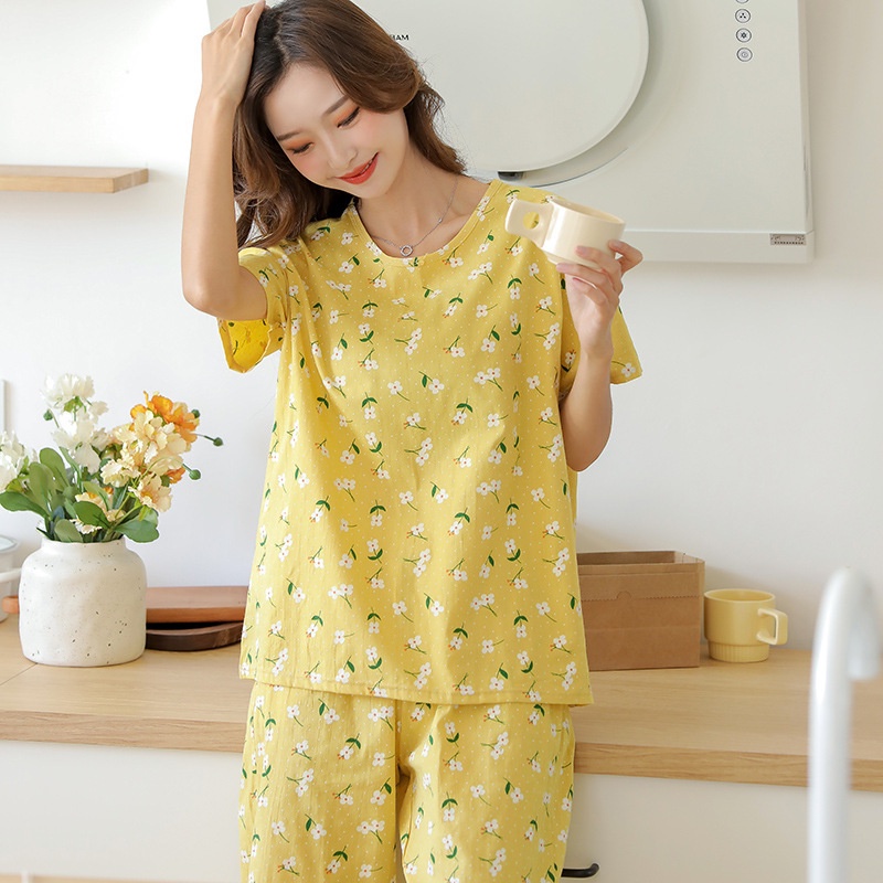 Bộ Đồ Ngủ Ngắn Tay Bằng Vải Cotton Họa Tiết Hoa Phong Cách Nhật Bản Dành Cho Nữ