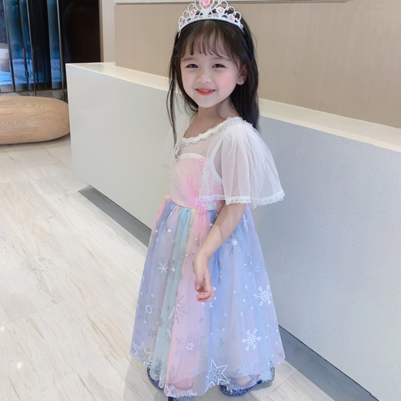 Đầm Công Chúa Tay Ngắn Đính Kim Sa Lấp Lánh Màu Cầu Vồng Xinh Xắn Cho Bé Gái