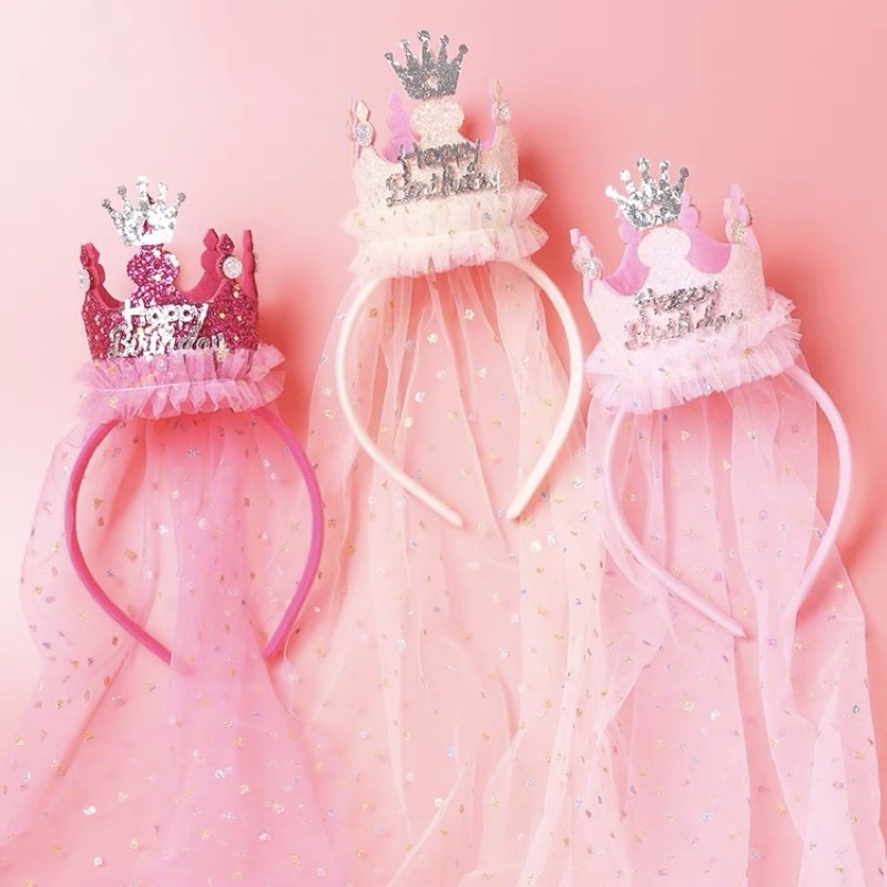 Bờm, băng đô hình vương miện Happy Birthday công chúa cho bé gái, phụ kiện chụp hình sinh nhật