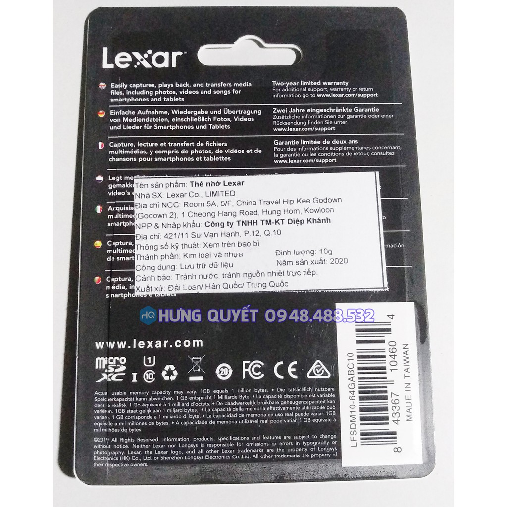 Thẻ nhớ MicroSD 64 GB Lexar class 10 UHS-I