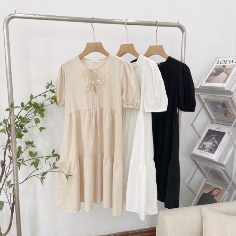 Váy xuông babydoll tay bồng nữ đan dây ngựa buộc nơ phong thái korea tươi tắn V104 Nội Y Xanh hàng đẹp trendy