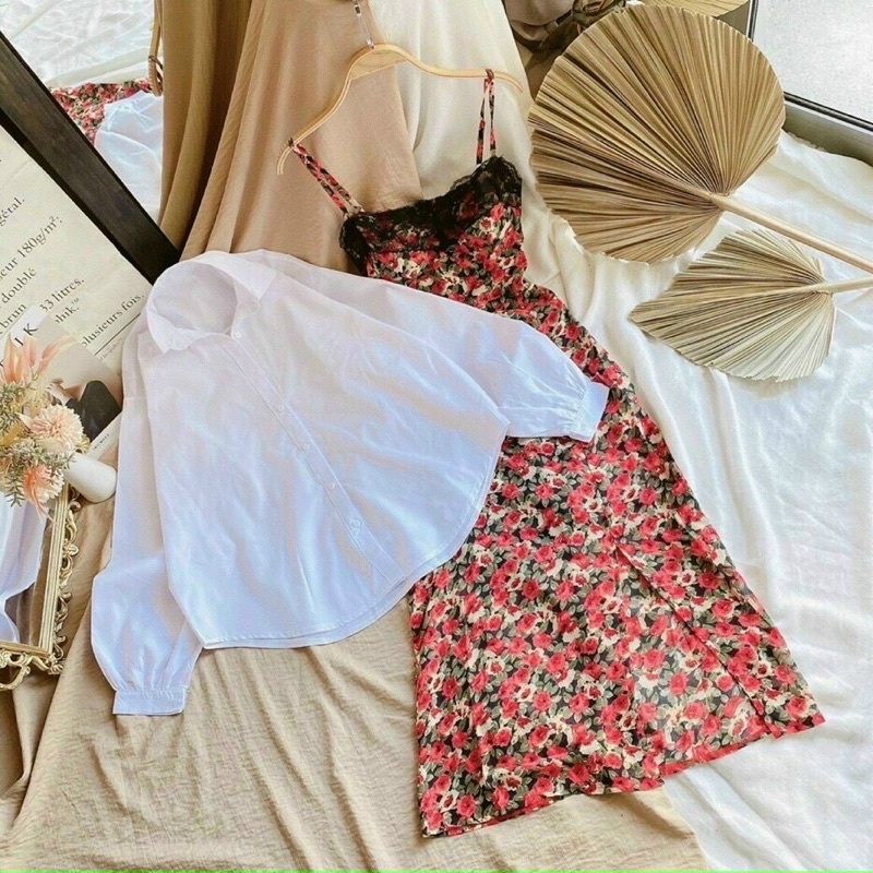 Set váy 2 dây hoa xanh kèm áo khoác cardigan mỏng