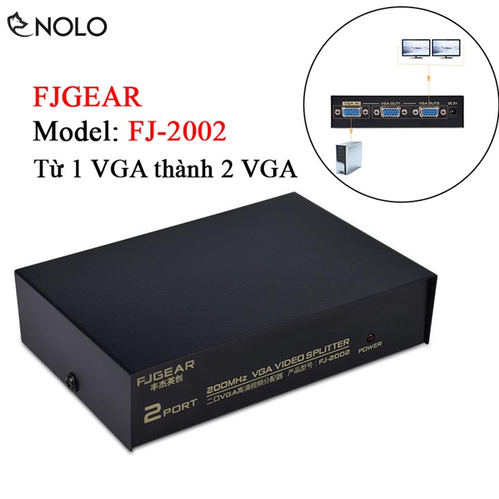 Hub Chia Cổng VGA Từ 1 Máy Tính Ra 2 Màn Hình Chiếu Máy FJGEAR FJ2002 Chất Liệu Vỏ Hợp Kim Dùng Nguồn 5V Tặng Kèm