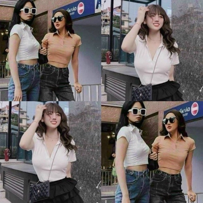 Áo thun cổ bẻ croptop chất đẹp