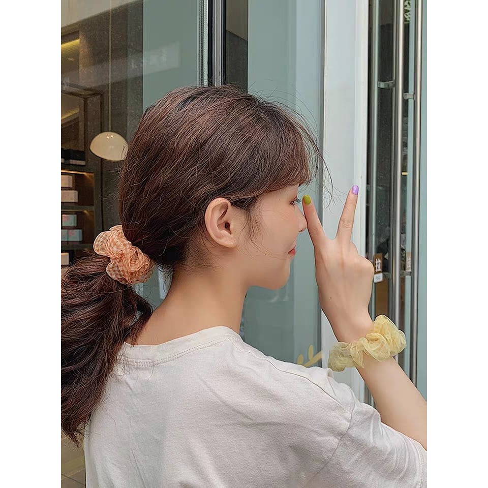 Scrunchies dây buộc tóc vải voan caro bản lớn phồng đẹp