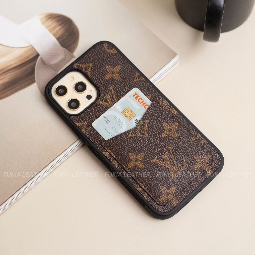 Ốp da thủ công viền đen khe thẻ IV dành cho IPhone 14/14Plus/14Pro/14Promax/13/13Pro/13Promax/12/12Pro/12Promax ODTC127