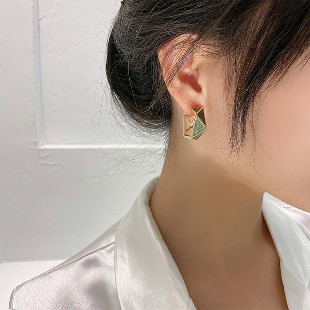 VANES1 Bông Tai Mạ Bạc 925 Hình Học Màu Xanh Lá Phong Cách Hàn Quốc Thời Trang Cho Nữ