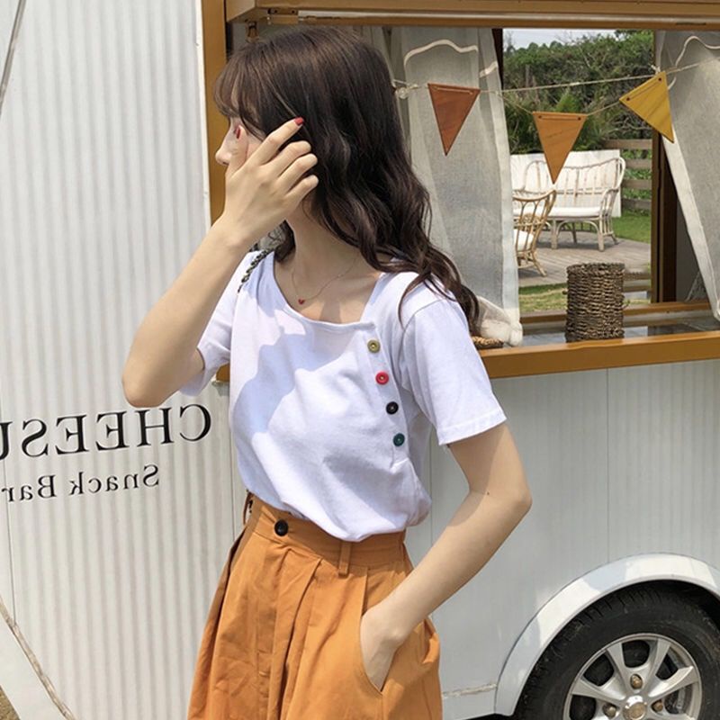 B&amp;G Áo Thun Ngắn Tay Dáng Rộng Cài Nút Phong Cách Hàn Quốc Thời Trang Cho Nữ Áo phông Nữ JL-TX-127