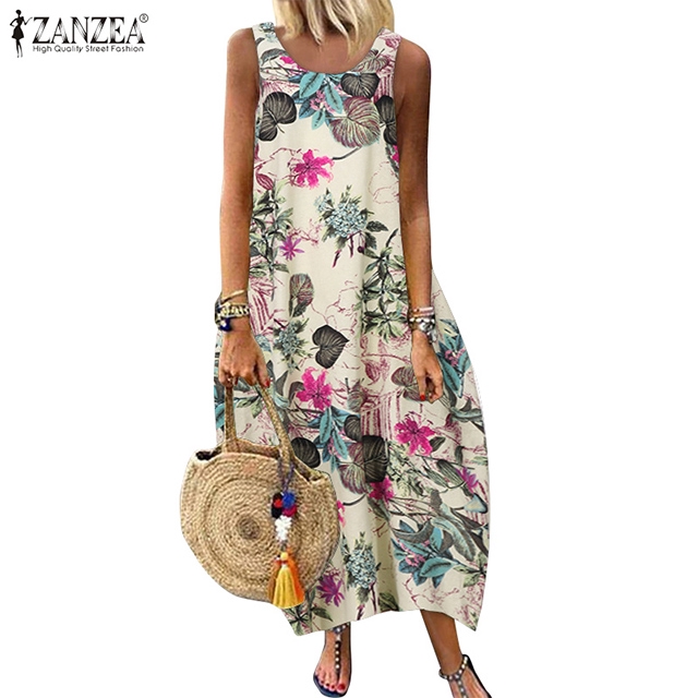 Đầm Maxi ZANZEA sát nách in họa tiết cách điệu thanh lịch dành cho nữ
