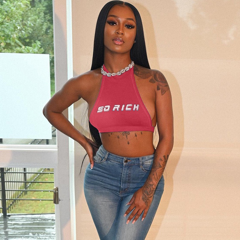 Áo Croptop Cột Dây Hở Lưng In Chữ Quyến Rũ Cho Nữ