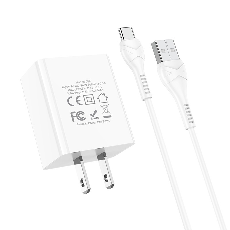 [Thoto Store] Bộ sạc nhanh HOCO C89 kèm cáp iPhone/ Micro/ Type-C, đầu ra 2 cổng USB dòng tối đa 2.1A - Hàng chính hãng