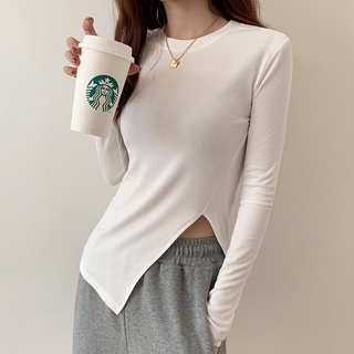 Áo thun nữ cổ tròn tay dài xẻ tà phong cách mới 45244