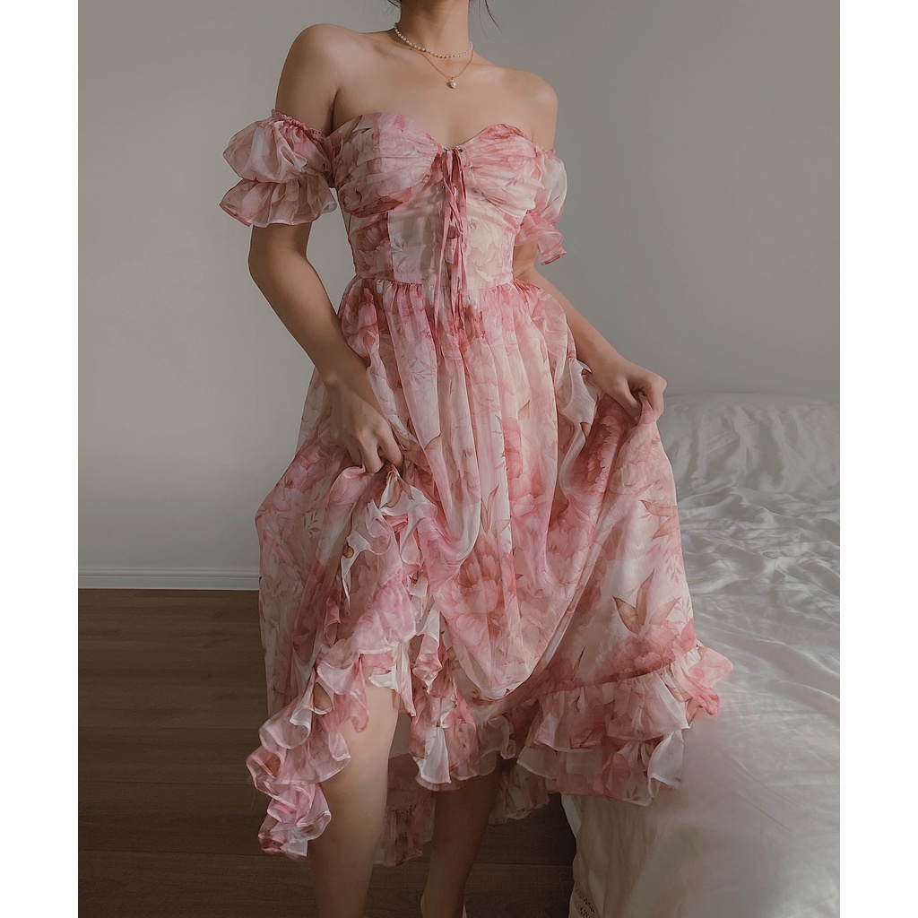 Đầm dài THE PEACHY Audrey Dress váy tơ hoa hồng Pháp | BigBuy360 - bigbuy360.vn