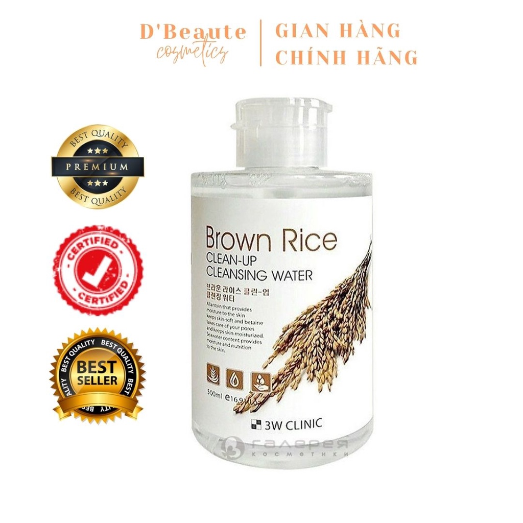 Nước tẩy trang làm sạch từ tinh chất lúa mạch 3W CLINIC BROWN RICE CLEAN-UP CLEANSING WATER 500ml - Hàn Quốc Chính Hãng