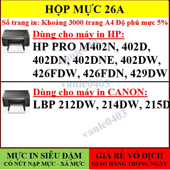 (Full box)Hộp Mực 26A -HP Pro M402DN, 402DNE, M402D, M426FDW, M426FDN-Canon LBP 214DW, LBP 212DW-CF226A - Cartridge 052