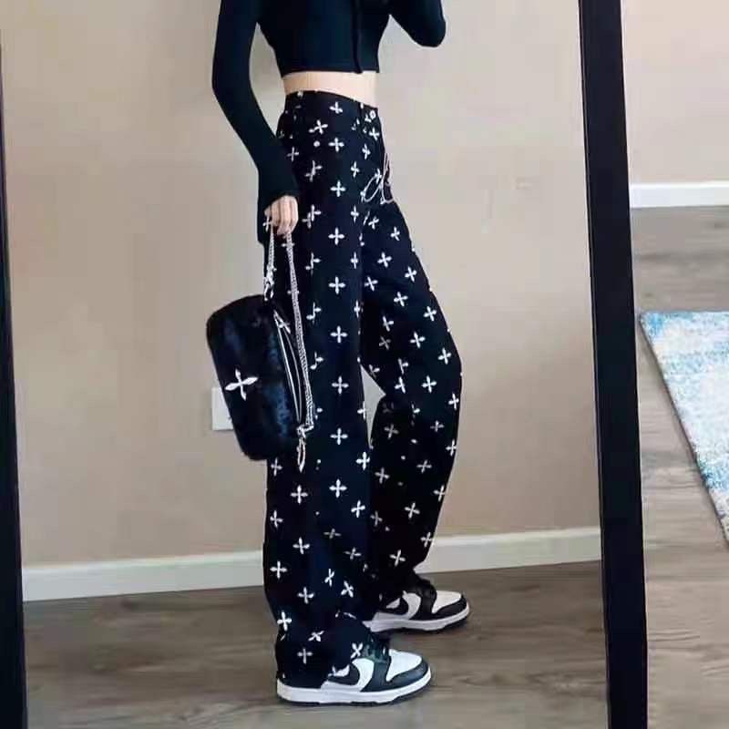 Jiashucheng Quần Jean Nữ Ống Rộng Lưng Cao Kiểu Mới