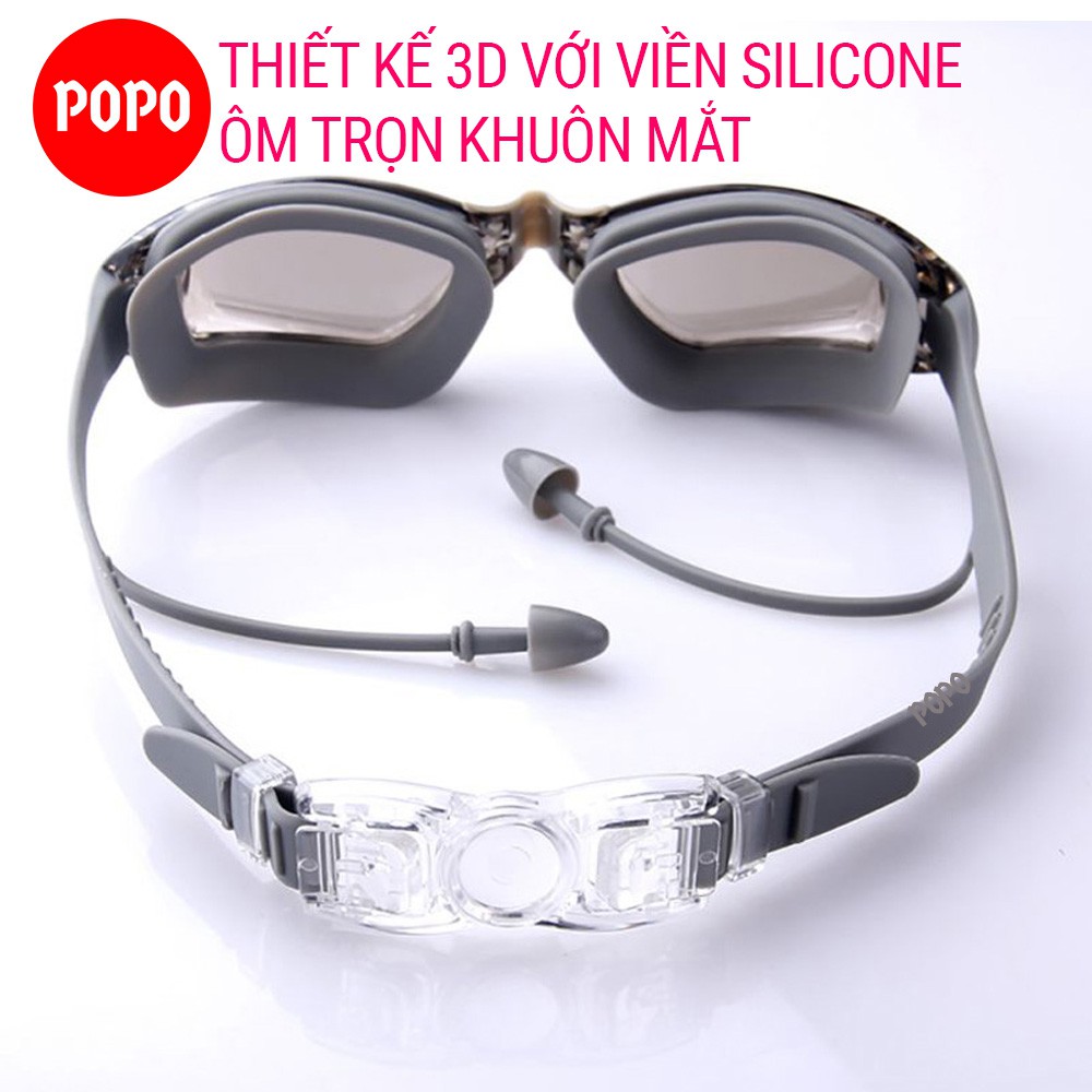 Kính bơi tráng gương POPO 1940, mắt kiếng bơi người lớn cản tia UV gắn bịt tai chống sương mờ