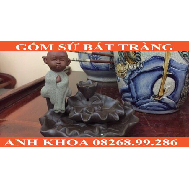 Tượng đốt trầm chú tiểu bên hoa sen - Gốm sứ Bát Tràng Anh Khoa