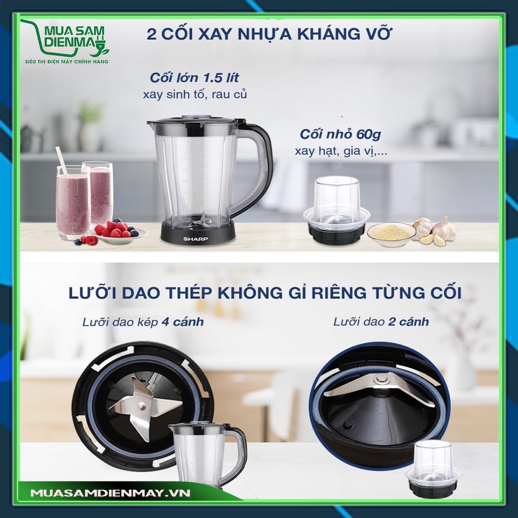 Máy xay sinh tố cầm tay mini công nghiệp đa năng 1.5 lít Sharp EM-S155PV-WH chính hãng xay thịt hạt khô gia vị ngũ cốc