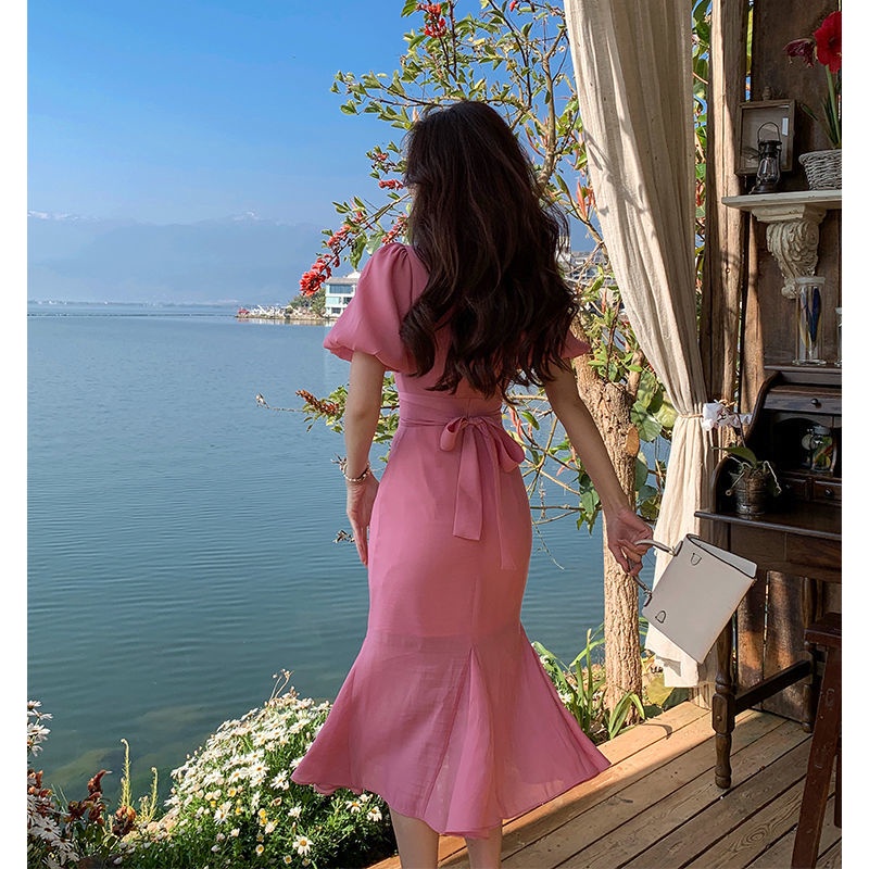 Đầm Đuôi Cá Dáng Ôm Màu Hồng Thời Trang Mùa Hè Dành Cho Nữ