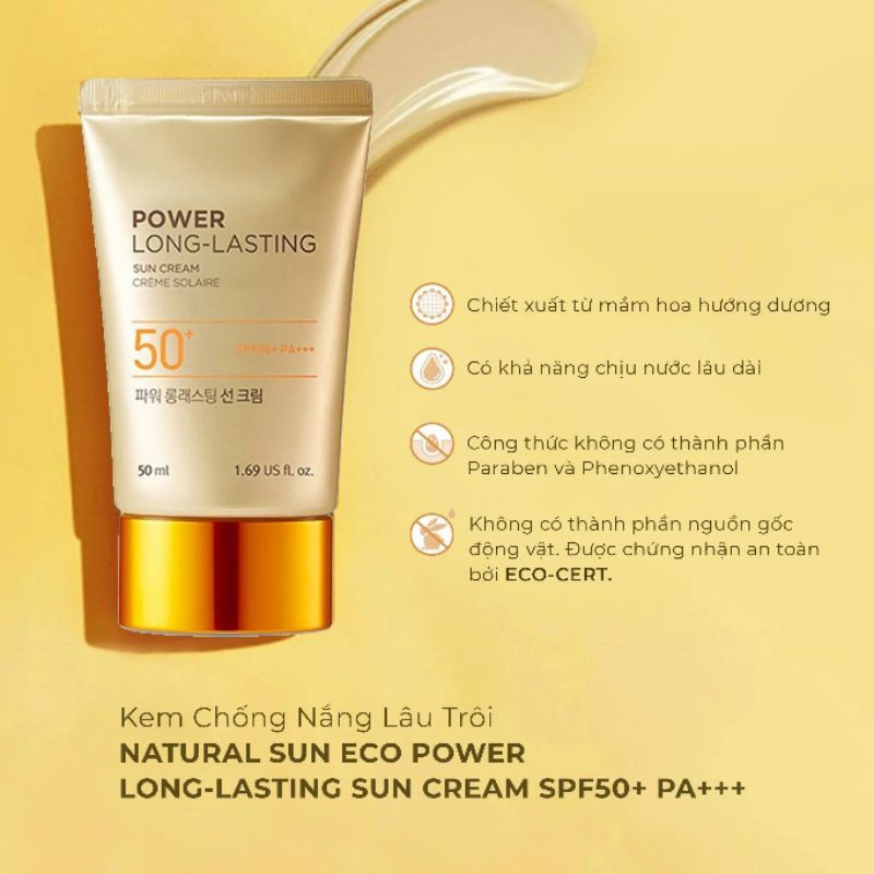 Kem Chống Nắng THEFACESHOP Natural Sun Eco Power Long-Lasting Sun Cream, 2 Trong 1 Chống Nắng Và Là Kem Lót Trang Điểm