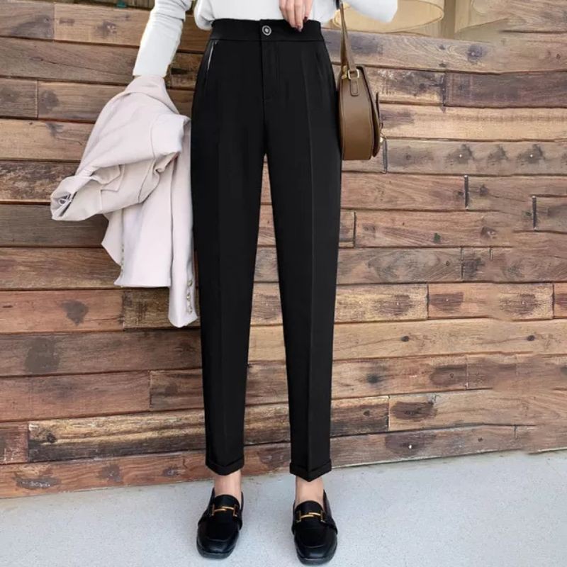 Quần baggy nữ cạp cao ống đứng vừa màu đen dáng dài Chất vải mềm - Quần bigsize nữ đi học lưng cao mặc đi làm công sở