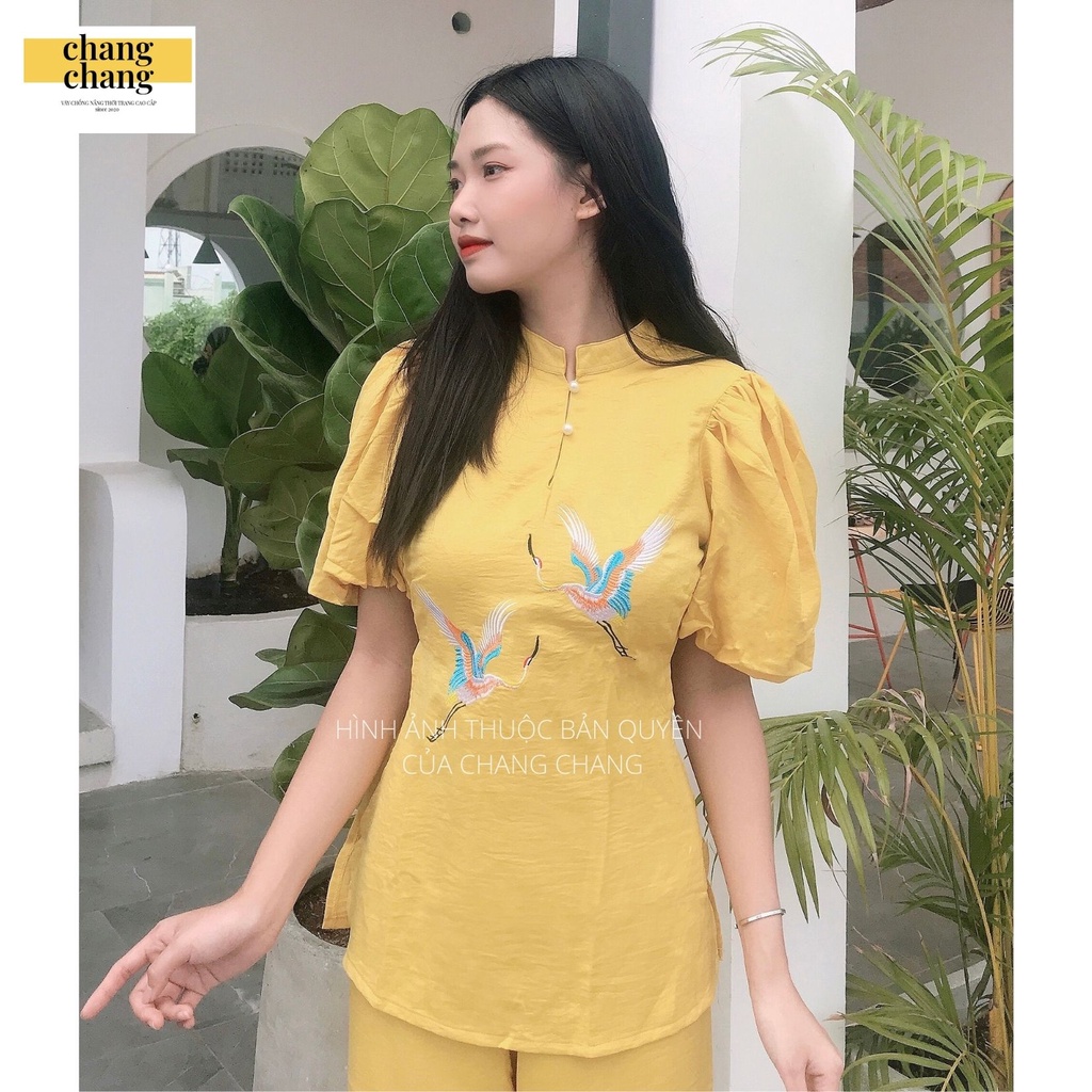 Đồ Lam Nữ, Đồ Đi Chùa Nữ Họa Tiết Hạc Thêu Sắc Nét Vải Lụa Cao Cấp - Màu Vàng