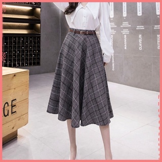 Chân váy dài dáng xoè kẻ caro kèm đai công sở. Chân váy dạ thô đẹp