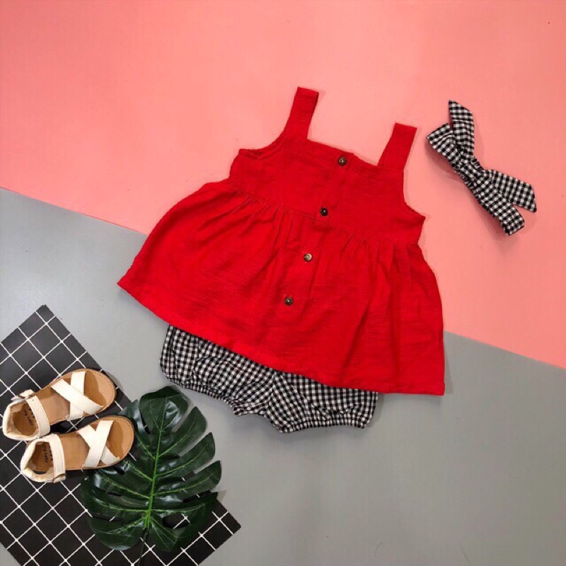 [ XẢ HÀNG] Bộ hè bé gái, bộ áo 2 dây chất đũi cài cúc phối quần thô kẻ và turban cho bé