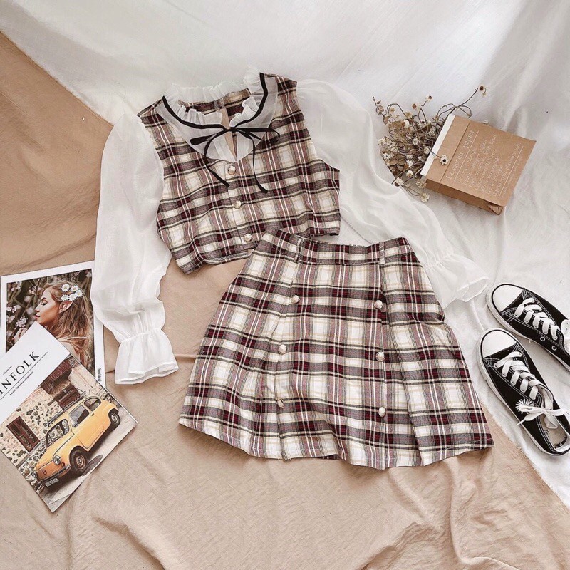 SET ÁO CROTOP PHỐI TAY VOAN+CHÂN VÁY XẾP LI TH | BigBuy360 - bigbuy360.vn