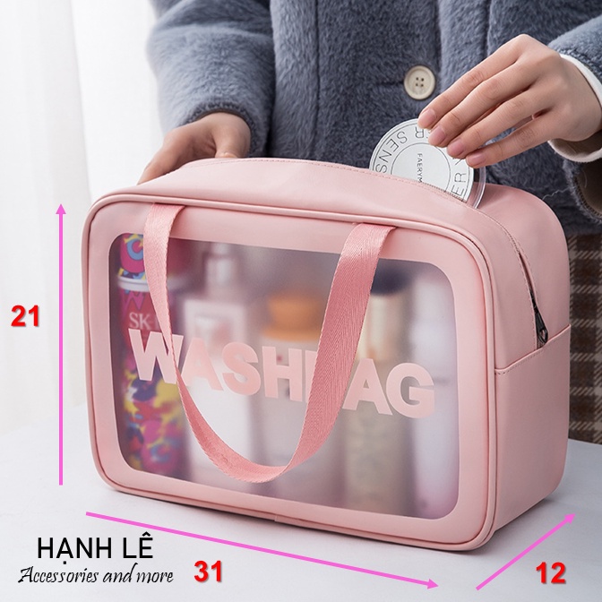 Bộ 3 túi Washbag Hồng trọn bộ để đi du lịch, đi chơi, chống thấm nước và bụi bẩn tốt, chất liệu PU trong suốt