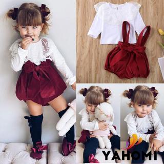 Set áo tay dài cổ lá sen + quần short yếm dành cho bé gái 0-24 tháng